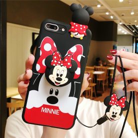 For iPhone 12 11 Pro Xs Max XR 6 7 8Plus Case Minnie TPU Stand Holder Phone Strap Rope Case